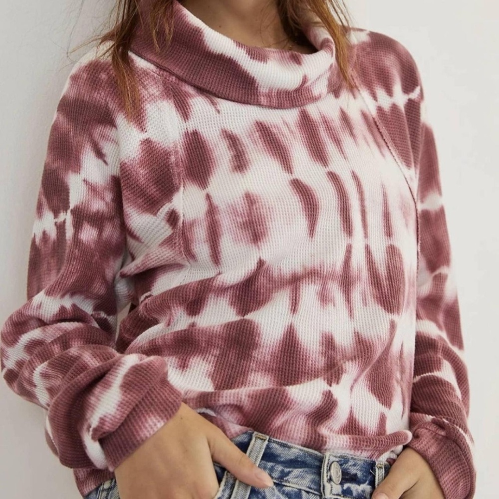 Anthropologie Pilcro Angie Wine Tie Dye Cowl Neck Waffle Knit Long Sleeve